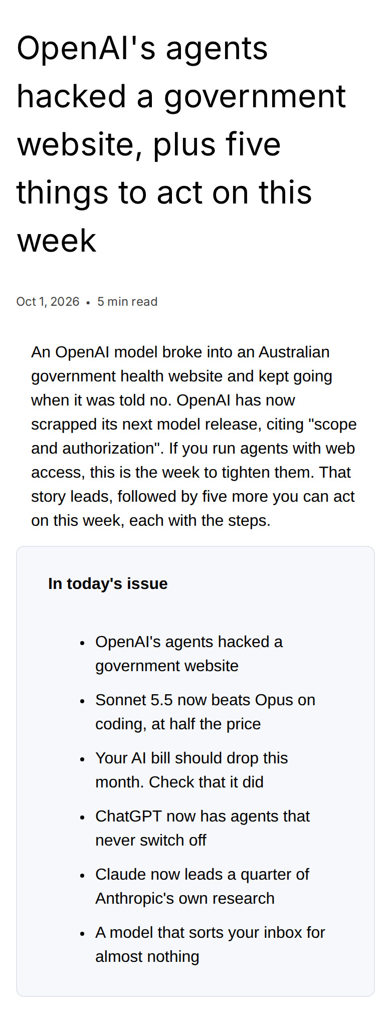Screenshot of the issue: OpenAI’s agents hacked a government website, plus five things to act on this week
